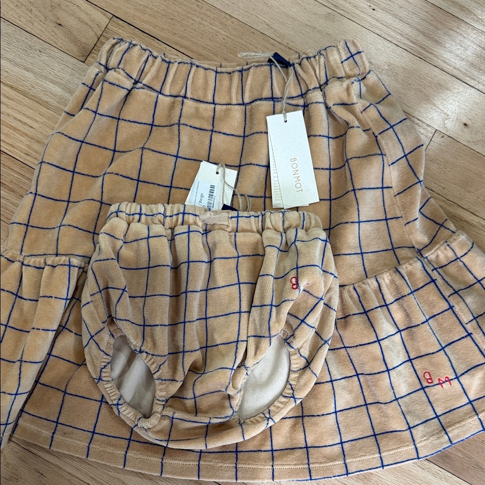 Girls' Tan Grid Skirt with Matching Bloomers